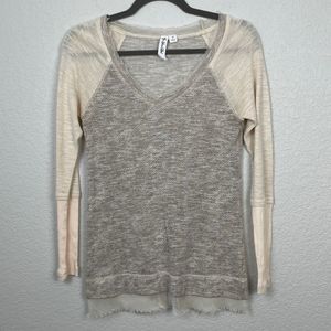 Others Follow Shirt Womens Small Top Brown Cream V Neck Boho Spilt Back Pullover